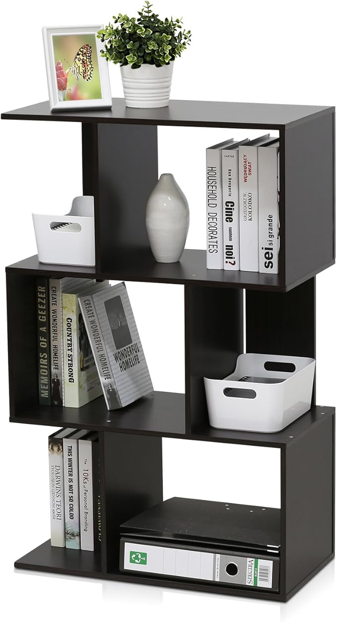 Furinno SIMPLY Book Shelf, 3-Tier Geometric Bookshelf, S-Shape Bookcase with Open Shelf, 11.8" x 23.6" x 37.3", for Organization and Storage, for Living Reoom, Bedroom, Home Office, Espresso