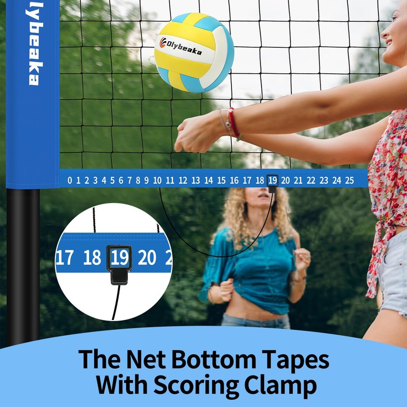 Portable Outdoor Volleyball Net Set for Backyard Beach with Adjustable Poles, Soft PU Volleyball & Pump, Carry Bag and Durable Anti-Sagging Net (Blue, 32ft)