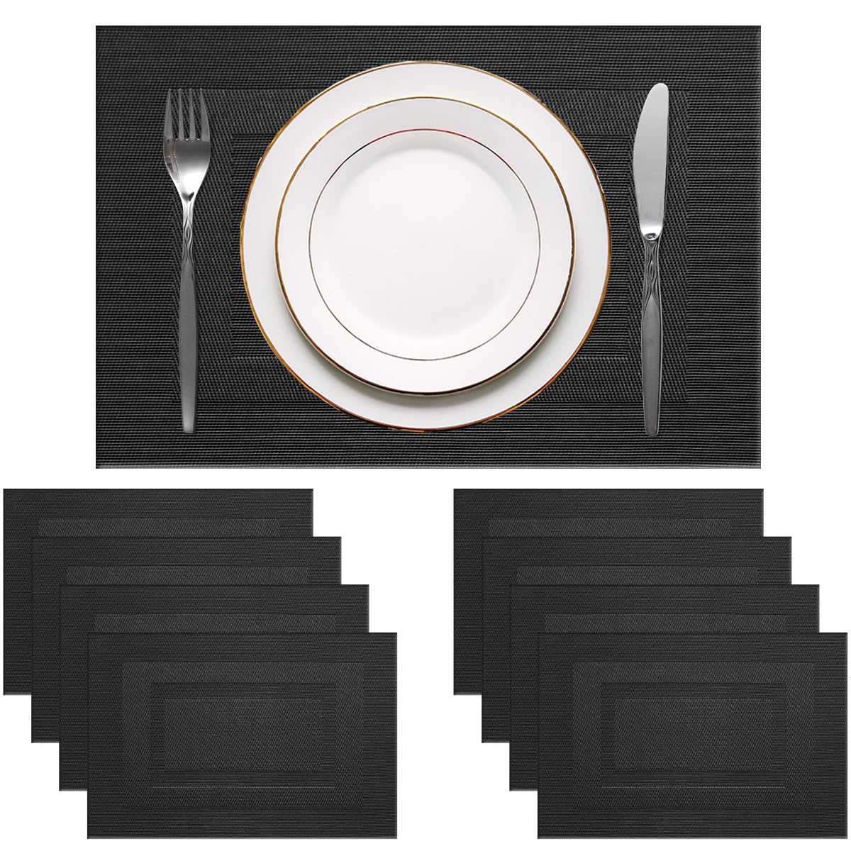 PIGCHCY Placemats Set of 8 Washable Durable Placemat Vinyl Heat Resistant Non-Slip Table Mats Indoor Outdoor (Pure Black)