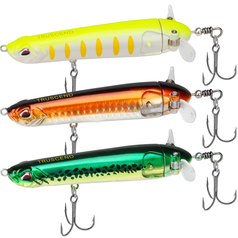 TRUSCEND Pencil Fishing Lures with Double Floating Rotating Tail, Surface Pencil Popper, Long Cast Premium Bass Bait with Rattle, Fishing Teasers Swimbaits for Freshwater Saltwater