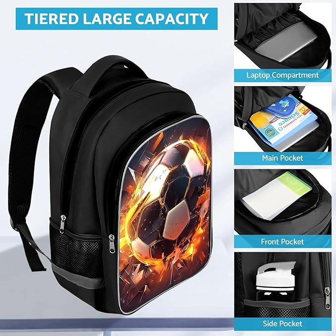 School Backpack for Boys - Soccer Boys Backpack for Kids Children Teens Elementary Middle School - Students Bag for Ages 6-18,17″Bookbag Multifunctional Large Capacity
