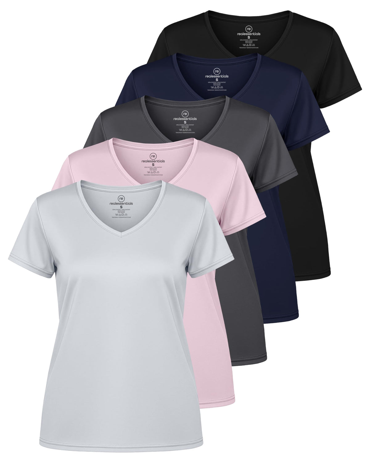 Real Essentials 5 Pack: Women's Dry-Fit Short Sleeve V Neck T Shirt Workout Fitness Yoga Top Tee (Available in Plus Size), Set 16, 2X