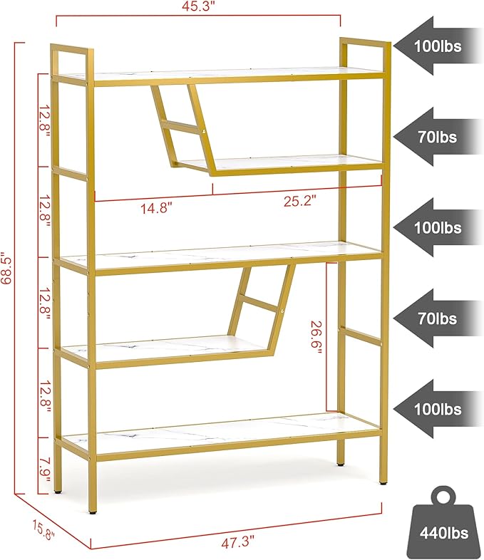 Teraves 5-Tier Adjustable Bookshelf Wood Bookcase with Metal Frame Book Shelf Organizer for Living Room/Bedroom/Study Room,46 Variants