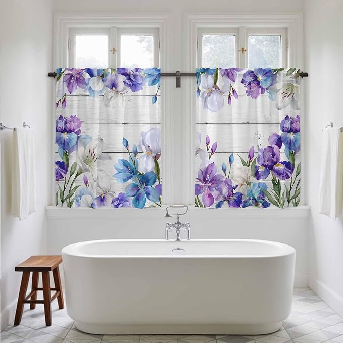 Spring Flowers Kitchen Curtains, Watercolor Garden Florals Wooden Grain Light