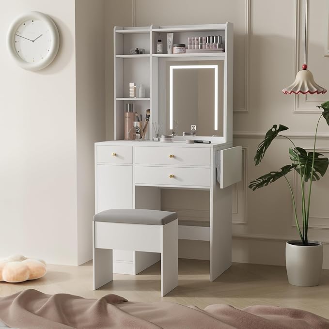 ARTETHYS Vanity Desk with Mirror and Lights White Makeup Vanities Set with Storage Chair Dressing Table with Drawer and Fold-up Panel for Bedroom