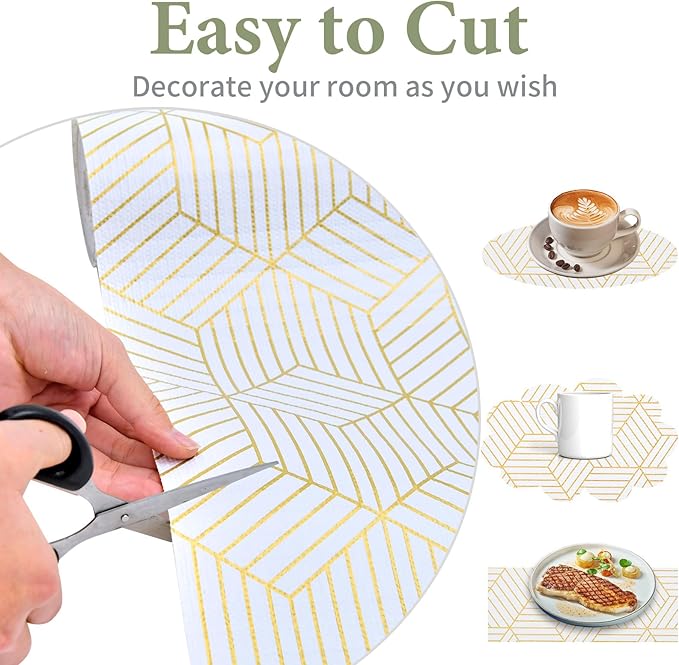 Shelf Liners for Kitchen Cabinets 35.4 in X 19.69 Ft, Non Adhesive Cabinet Liner Strong Non-Slip Thickened Gold Geometric Drawer Liner, Easy to Clean for Shelf, Cabinet with Knife and Tape Measure