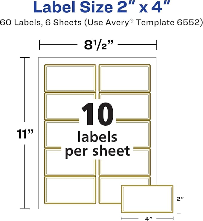 Avery Printable Glossy Clear Labels, 2" x 4" Rectangle Labels, Clear, Metallic Gold Border, Permanent Adhesive, Laser/Inkjet Printable, 60 Total (6552)