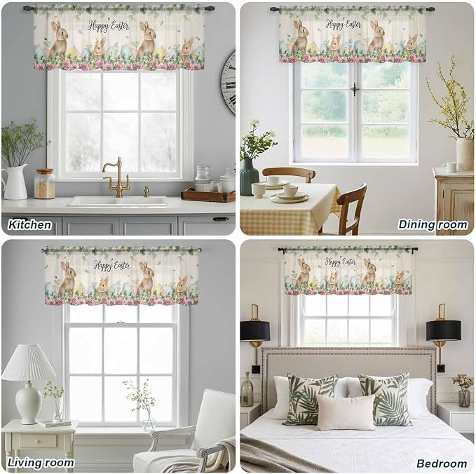 Easter Sheer Valances for Windows 60"x18", Light Filtering Kitchen Curtains