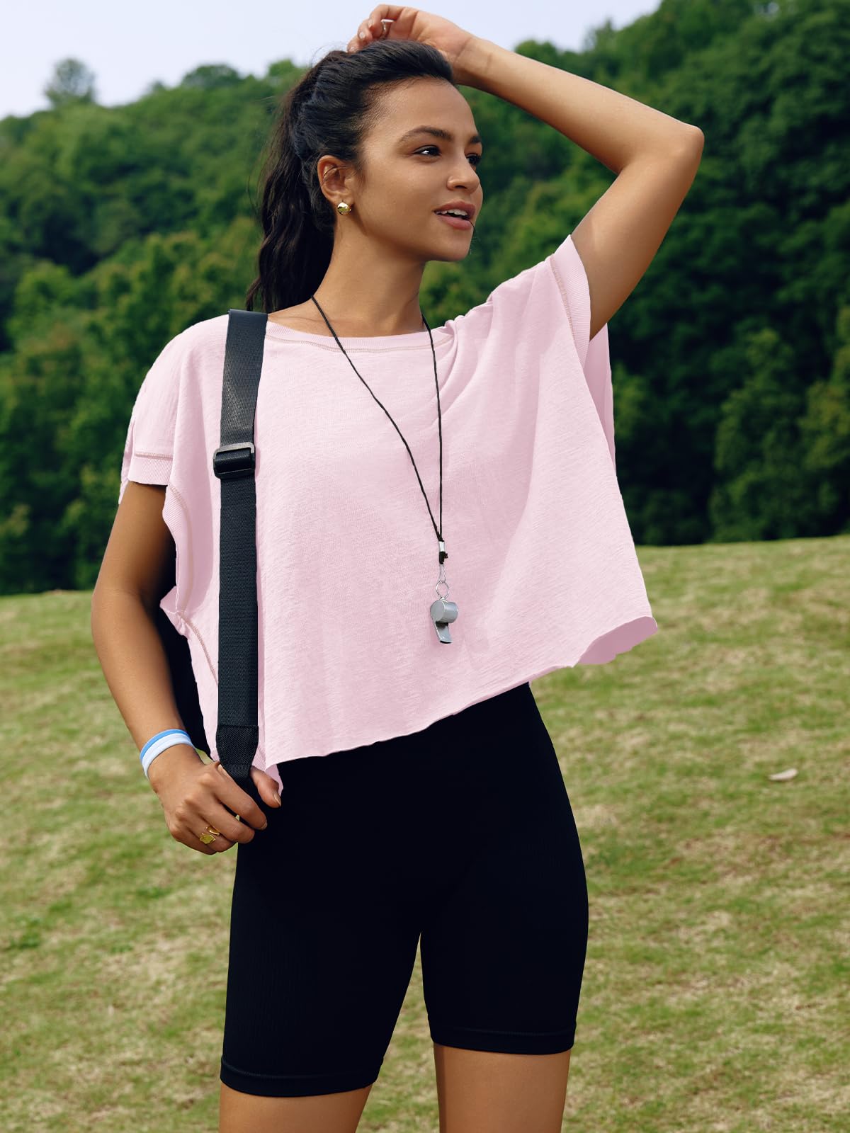 SENSERISE Womens Open Back Workout Tops Backless Short Sleeve Athletic Shirt Running Crop Top Gym Yoga Tee(Pink,S)