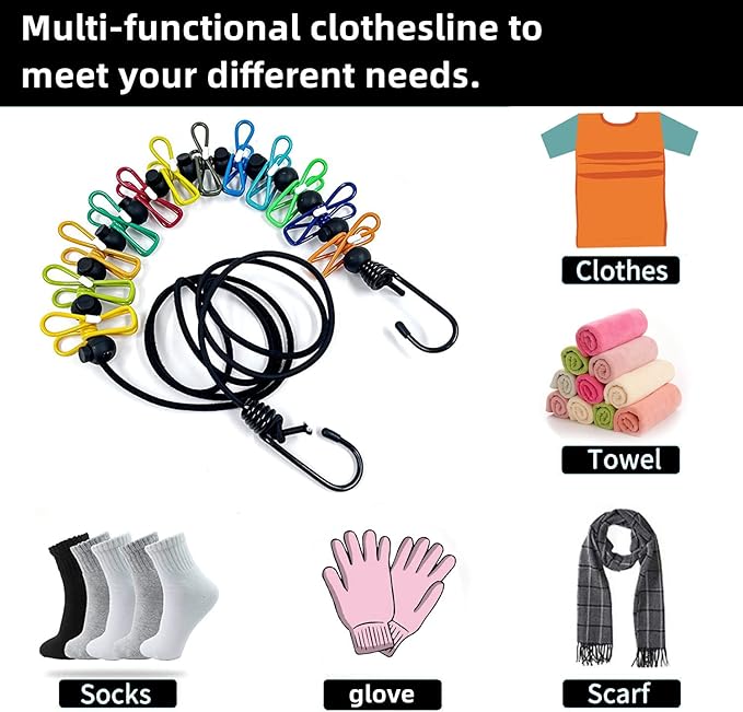 Retractable Travel Clothesline，Portable Clothesline Clothing line with 12 Clothes Clips， for Indoor and Outdoor Laundry Drying line，Outdoor Camping Accessories - with Luminous Buckle (White)