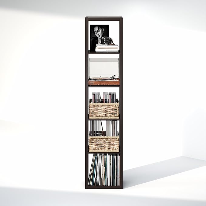Furinno Cubicle Record Player Stand with Vinyl Storage, 5-Cube 1.2 Extra Thick Vinyl Record Storage, Open Back Media Shelf for CD DVD Blueray Game Disc, for Living Room, Home Office, Black Dark Oak