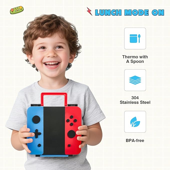 FAJSL Game Lunch Box for Kids with Thermo, 9 OZ Stainless Food Jar & Insulated Lunch Bag, BPA-Free Kids Lunch Bento Box with Sauce Cup, Leakproof Lunch Box Set for Boys & Girs, School, Travel