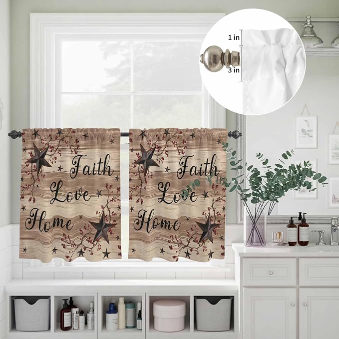 Kitchen Curtains Tiers and Valance Set of 3, Farmhouse Star Brown Light