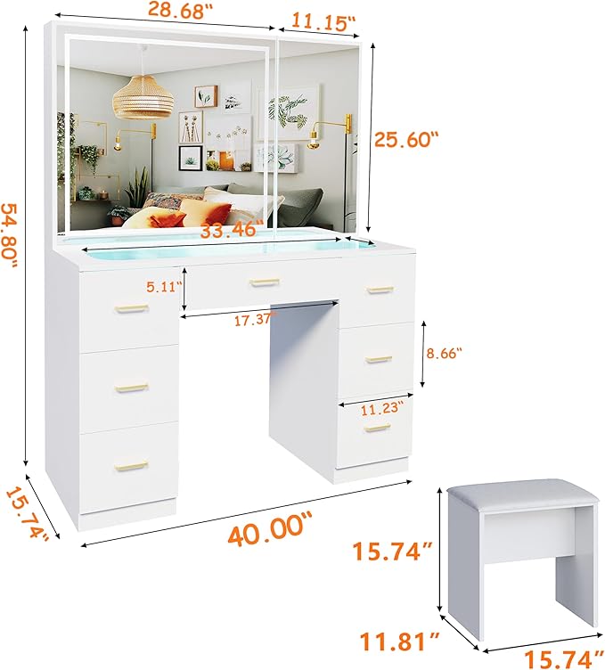 Glass Top Makeup Vanity Desk with Large Mirror and LED Lights,Vanity Stool&Storage Bench,White Vanity with Hidden Storage Mirror Cabinet&7 Drawers,Makeup Organizer Countertop for Room