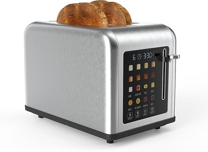 Rae Dunn Retro Digital Electric Toaster, 2 Slice Stainless Steel Toaster With Touchscreen, Countdown Timer, 6 Shade Settings, Wide Slots, High Lift Lever, Bagel, Defrost & Reheat, Digital Cream