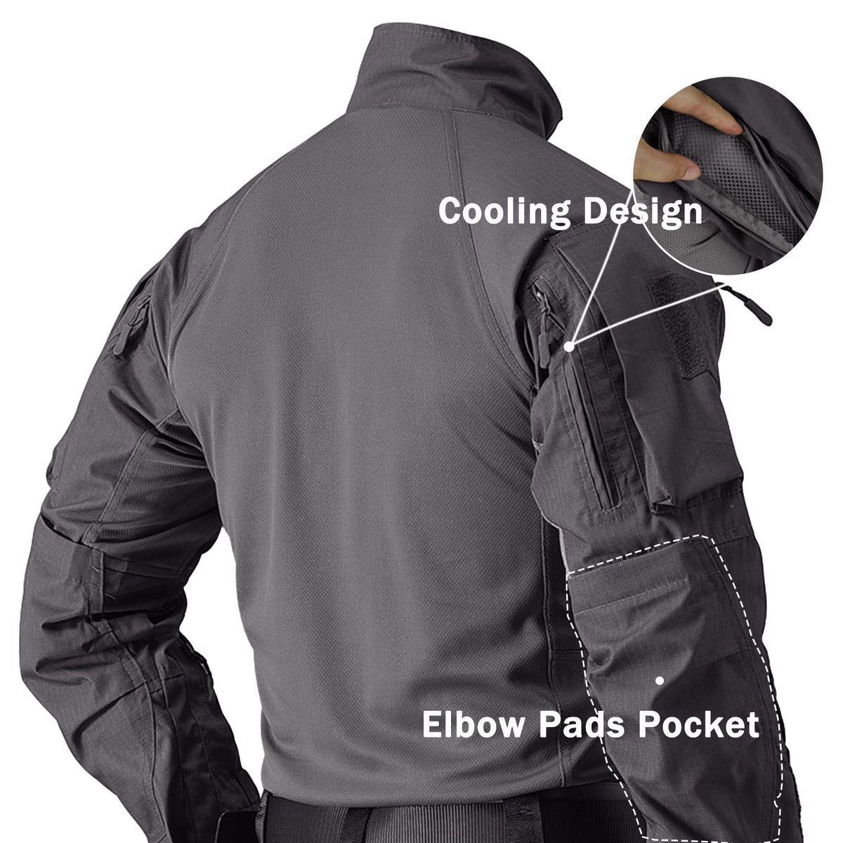 Men's Tactical Shirts Military Combat Shirt，1/4 Zipper Long Sleeve with Elbow Pads Top for Outdoor Paintball Airsoft Grey L