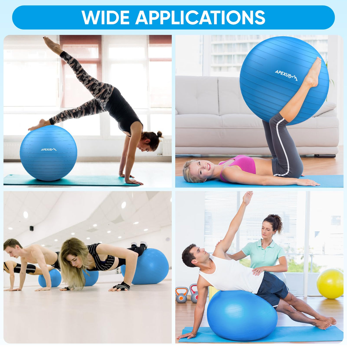 APEXUP Yoga Ball, 660 lbs Anti-Burst Exercise Ball with Pump, 5 Sizes (XXL(31"~34") 85cm, Blue)