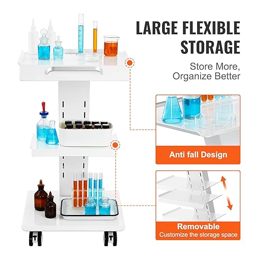 VEVOR Lab Trolley, Rolling Lab Cart with Built-in Socket, 3-Layer Metal Mobile Trolley, Tray Rolling Clinic Cart with Swivel Wheels, 220 lbs Weight Capacity, for Lab, Clinic, Beauty and Salon