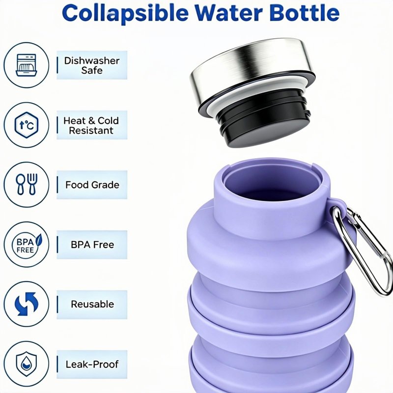 YCT Collapsible Water Bottle 17oz（500ml），Travel Portable Sport Water Bottle，Reusable Silicone Foldable Water Bottles for Gym Camping Hiking (Black)