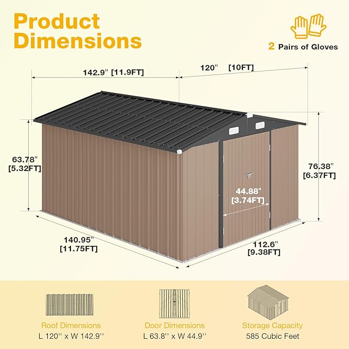 10x12 FT Outdoor Storage Shed with Base & Lockable Double Doors, Heavy-Duty Galvanized Steel Outdoor Metal Shed for Bike, Tool, Generator Storage in Backyard, Patio (10’x12’, Base)