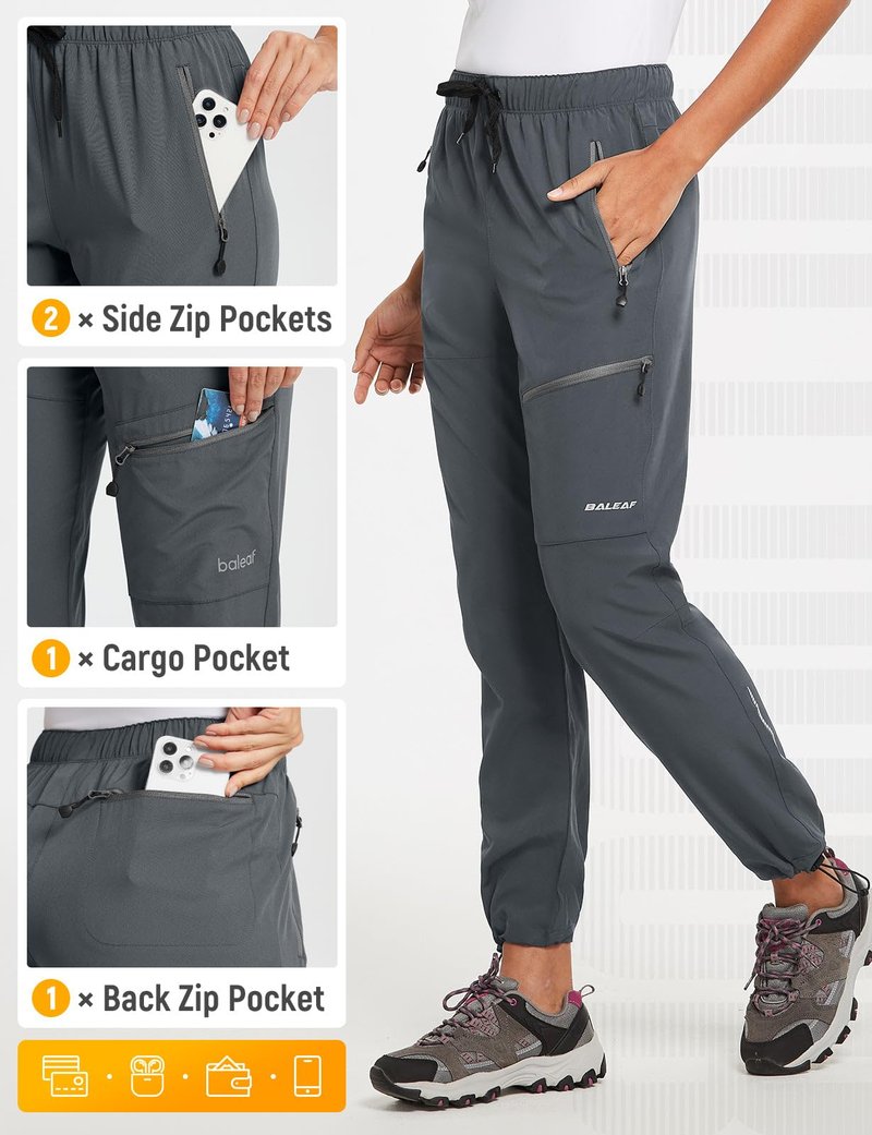 baleaf Women's Hiking Pants Quick Dry Lightweight Water Resistant Stretch Cargo Pants with Zipper Pockets Travel Camping 29''-deep Gray L