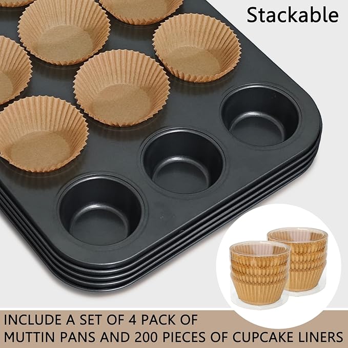 ATZNZIK 4 Pack Muffin Pan for Baking, Standard Cupcake Pan with 200 Natural Cupcake Liners, Muffin Tin Nonstick 12 Cup, Carbon Steel Muffin Cupcake Tary Baking Supplies