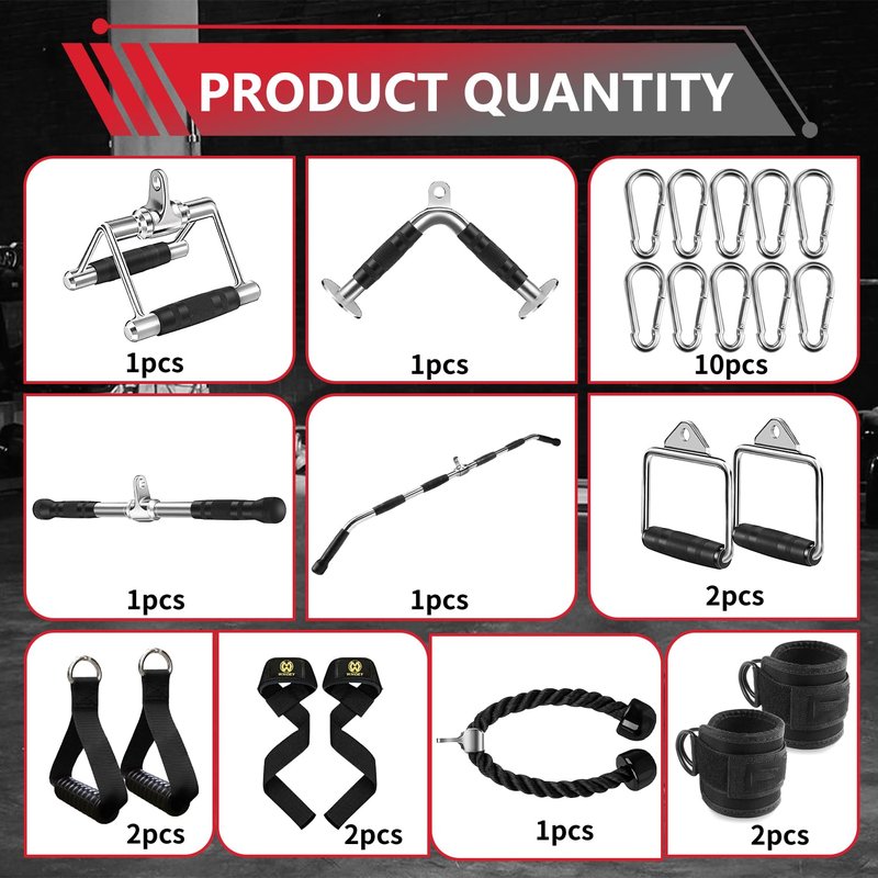 LAT Bar Cable Attachment with Rubber Handgrips, Deluxe Heavy Duty Solid Curl Bar Revolving Hanger Home Gym Cable Attachments (White Set +48 in Lat Bar)