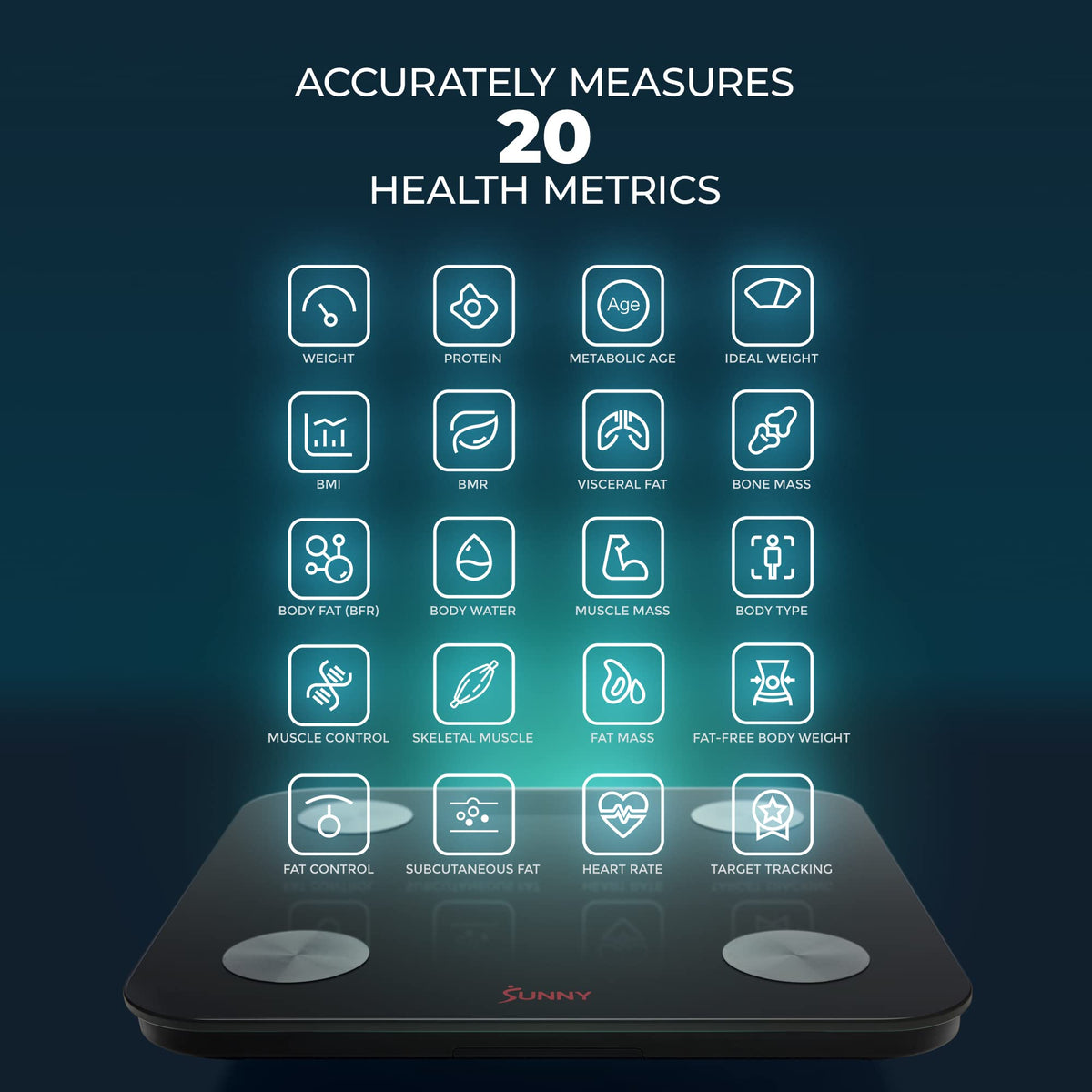 Sunny Health & Fitness 20 Metric Advanced Body Fat Composition BMI Scale with Health Tracker & Analyzer App - Smart Bathroom Scale for Body Weight, Metabolic Age, BMR, Fat Mass and More – SF-WS022063