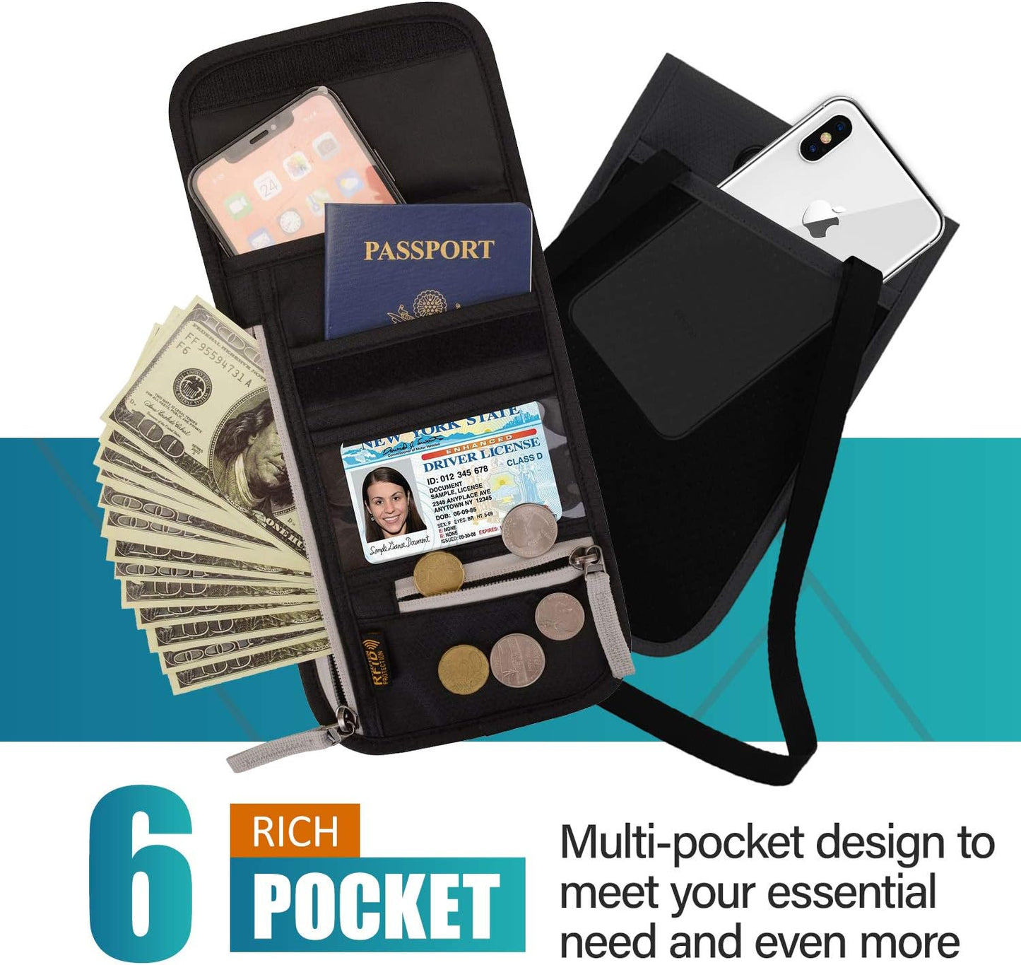 Peicees RFID Blocking Travel Neck Wallet for Men Women Family Passport Holder Lanyard Neck Pouch Slim Travel Document Holder