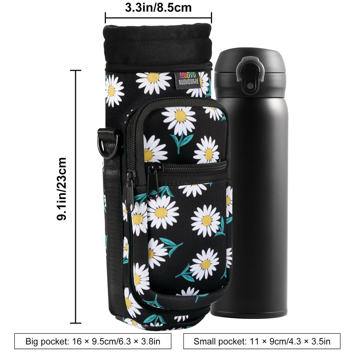 Nuovoware Water Bottle Carrier Bag, 25oz/32oz Bottle Pouch Holder, Adjustable Shoulder Hand Strap 2 Pocket Sling Neoprene Sleeve Sports Accessories for Hiking Travelling Camping, BlackDaisy