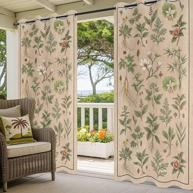 Vintage Outdoor Curtains for Patio Grass Herbal Botanical Garden Plants