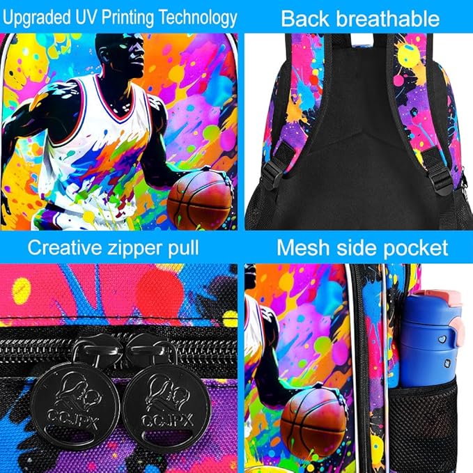 KLFVB 3PCS School Backpack for Boys, 17" Kids Basketball Bookbag and Lunch Box, Water Resistant Backpack for Teenagers Middle Elementary - Spray-painted Basketball
