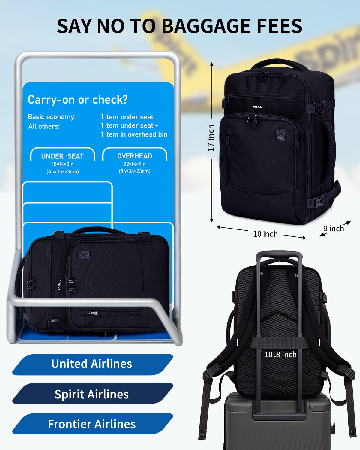 ECOHUB 17" Small Travel Backpack, United Airlines Personal Item Bag 17x10x9 with 16 Pockets, Water Resistant Rucksacks Fit 15.6" Laptop, AirTag Pocket, Lightweight Casual Daypack, 25L, Black