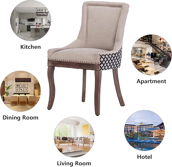 Farmhouse Dining Chairs Set of 2, Upholstered Fabric Dining Room Accent Chairs with Wood Legs & Bronze Nailhead, High Wingback Kitchen Chairs for Living Room Hotel Apartment, Beige Patterned