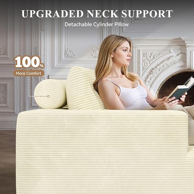 134" Boneless Couches for Living Room,Modular Sectional Sofa with Ottoman,Cloud Couch in a Box,Sponge Compression U Shaped Sofas with Chaise No Assembly Required(Beige-Corduroy Fabric) 1pcs