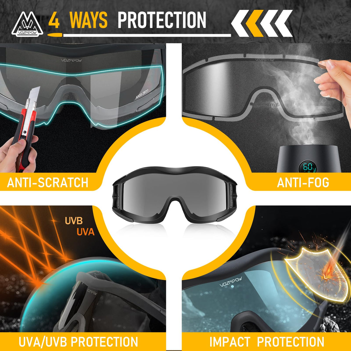 VOZAPOW Airsoft Goggles Anti Fog, Tactical Safety Goggles ANSI Z87+ Rating