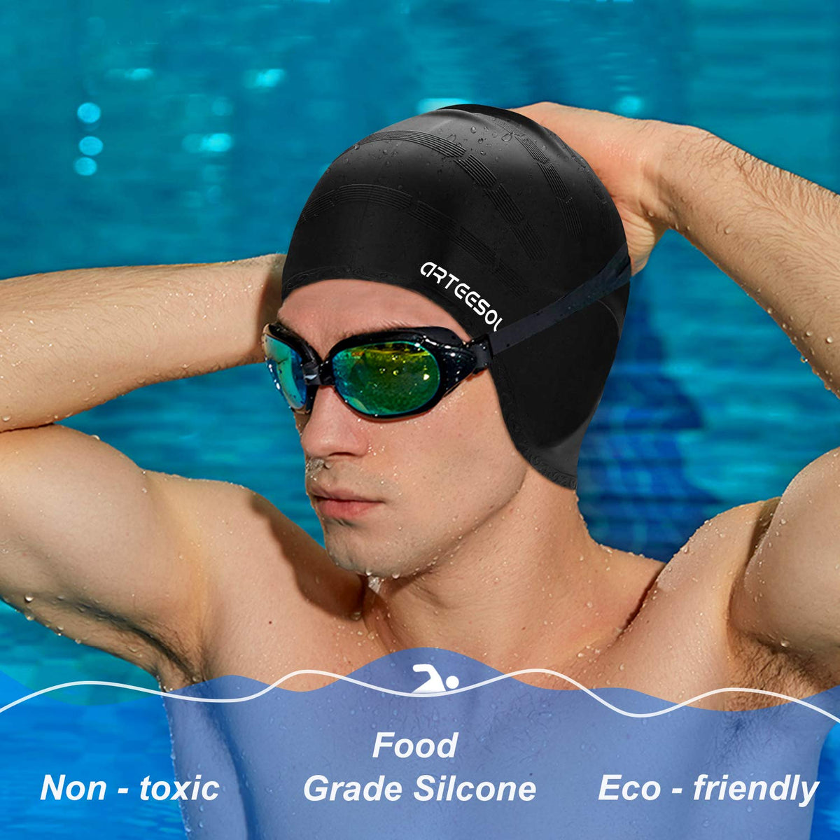 Swimming Cap, Silicone Swim Cap for Women Men, Durable Non-Slip Waterproof Swim Cap Protect Ears, Long Hair for Adults, Older Kids