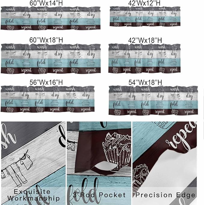 Laundry Rules Valances for Windows, Retro Blue White Wood Board Grain Kitchen