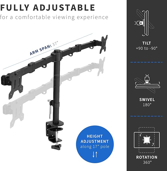 VIVO Full Motion Dual Monitor Desk Mount Clamp Stand VESA, Double Center Arm Joint, Holds 2 Screens up to 34 inches, STAND-V102D