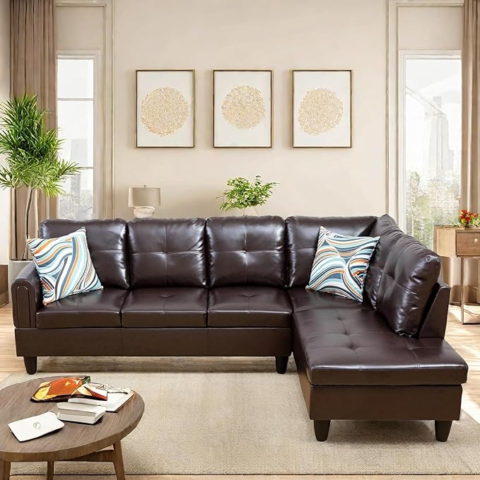Large Storage Ottoman Sectional Sofa, L-Shaped Couch with Reversible Chaise, Space Saving Design, Gray Fabric with Accent Pillows. (Leather)