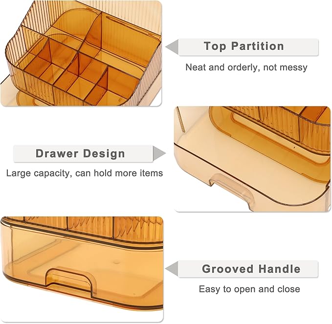 VOCOSTE 1 Set Makeup Organizer with Stackable Drawer, 7 Grids Makeup Organizer for Countertop Vanity, Skincare Organizers Cosmetic Display Cases, Amber Orange