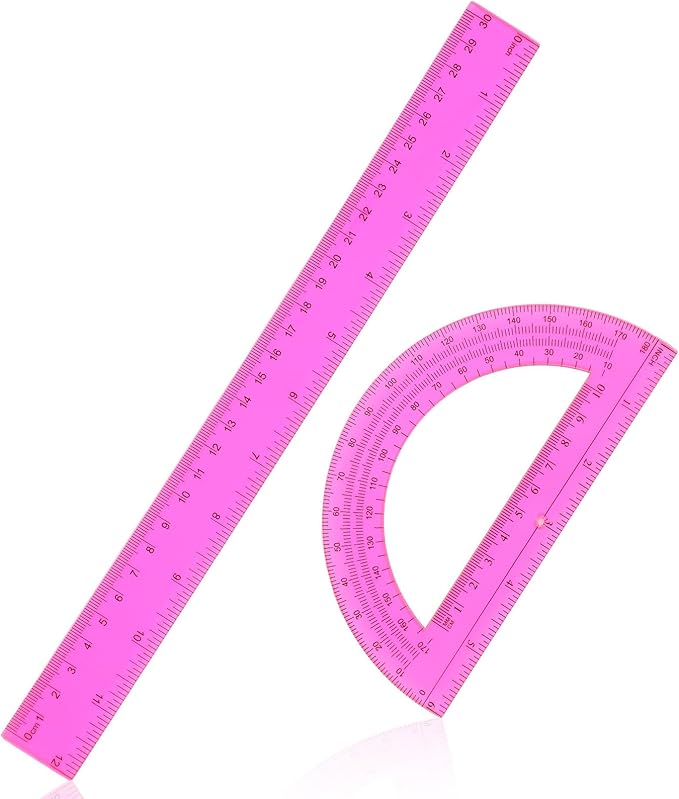 2 Pack Ruler Pink 12 Inch and 6 Inch Transparent Pink Plastic Ruler and Protractor Set Plastic Protractor Set Clear Math Drafting Geometry Sets for Home Office Drawing Architect Engineer