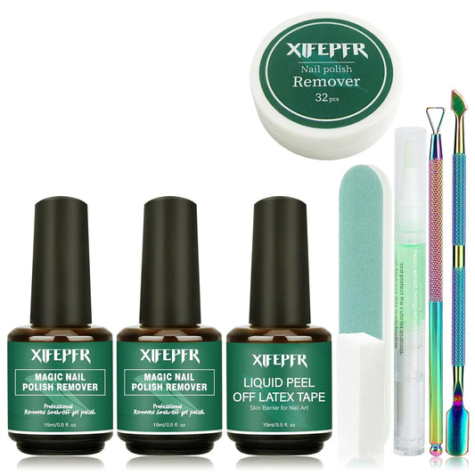 Gel Nail Polish Remover Kit - 2 Pack Gel Polish Remover with Latex Tape Peel Off Liquid & Manicure Tools, 2-5 Minutes Professional Quick Remove Polish, No Soaking or Wrapping, Perfect Gifts
