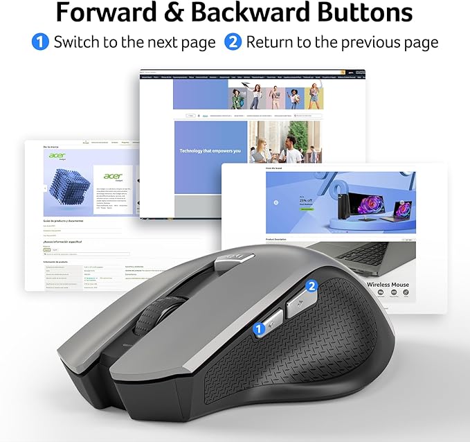 acer Wireless Mouse for Laptop, 2.4GHz Computer Mouse 3 Adjustable DPI Office Cordless USB Mice with USBA Receiver, 6 Buttons, 1600 DPI, Medium to Large Sized Hands (Grey)