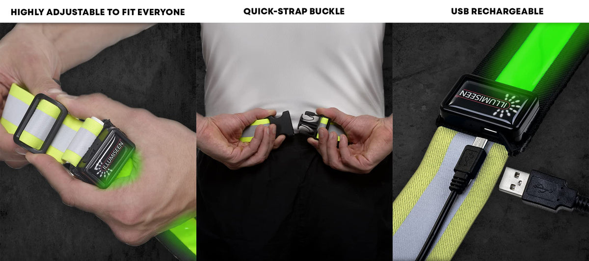 Illumiseen LED Reflective Belt Sash | High Visibility LED Lights with 2 Lighting Modes | Adjustable Quick Release Buckle | USB Rechargeable, No Batteries Needed