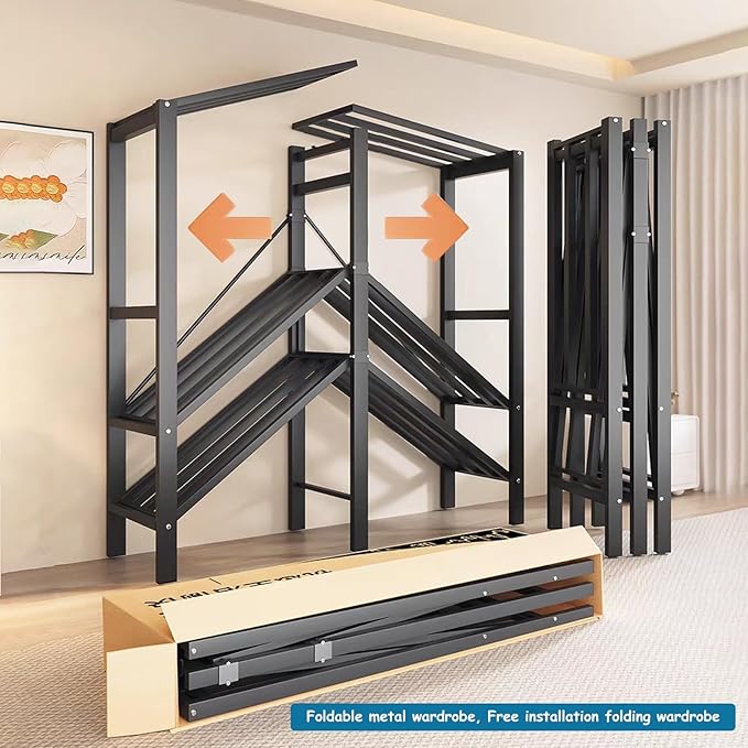 Heavy Duty Covered Clothes Rack with Magnetic Door Foldable Portable Wardrobe Closet for Hanging Clothing Rolling Black Metal Garment Rack on Wheels Closet System (White, 70.89in)