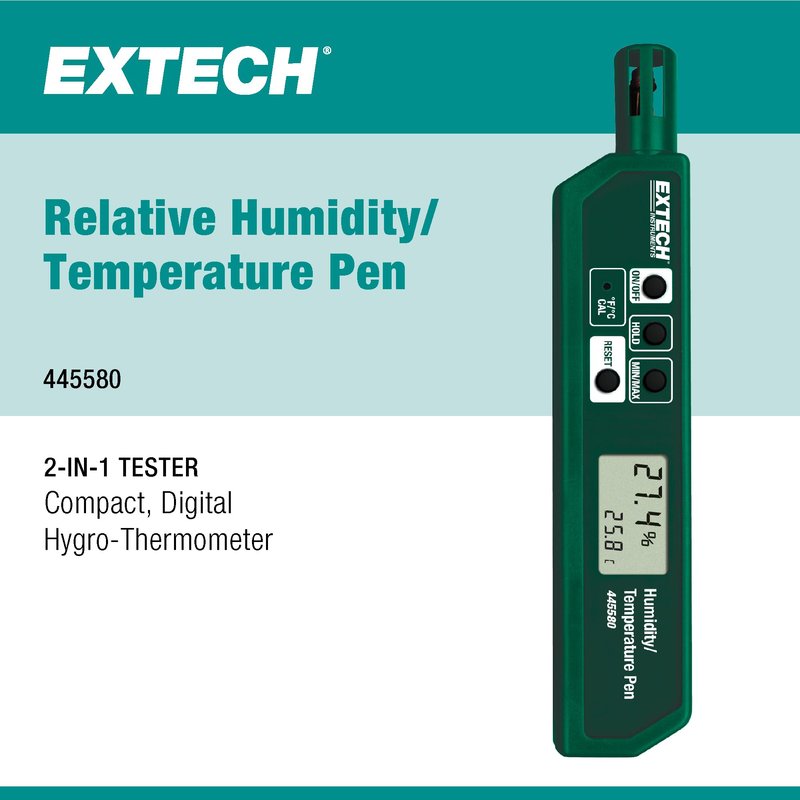 Extech 445580 Humidity and Temperature Pen with Fast Response Sensor, Min/Max Memory, Dual LCD, Pocket-Sized Hygrometer for HVAC, Labs, Storage Rooms, Indoor Air Monitoring