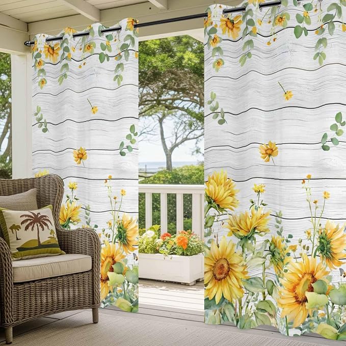 Sunflowers Outdoor Curtains for Patio Summer Floral Eucalyptus Leaf Wood Plank