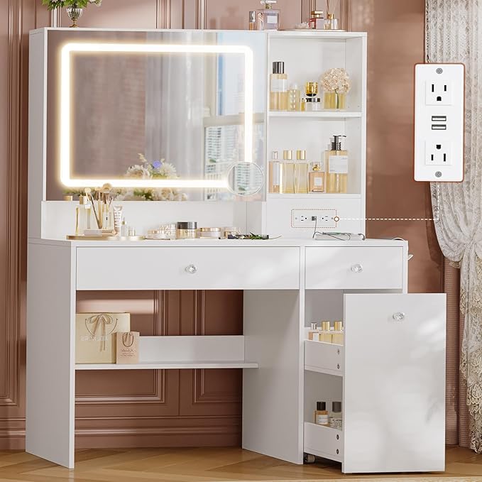 Vanity Desk with Mirror and Lights,Power Outlet,3 Drawers,Pull-Out LED Mirror with 3 Light Modes,Brightness Adjustable,Rolling Makeup cart,Crystal Handles, hairdryer Rack,White