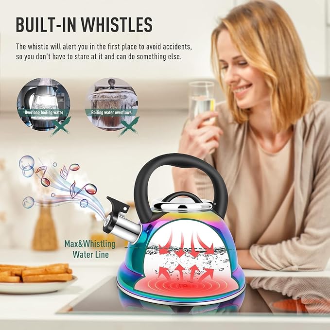 Weftnom Tea Kettle, Kettle 3.7QT, Tea Pot Whistling 316 Stainless Steel, Tea Kettle Stovetop with Cool Folding Handle, Kettle Teapot Rainbow Induction for Boiling Water, Mirror Finish